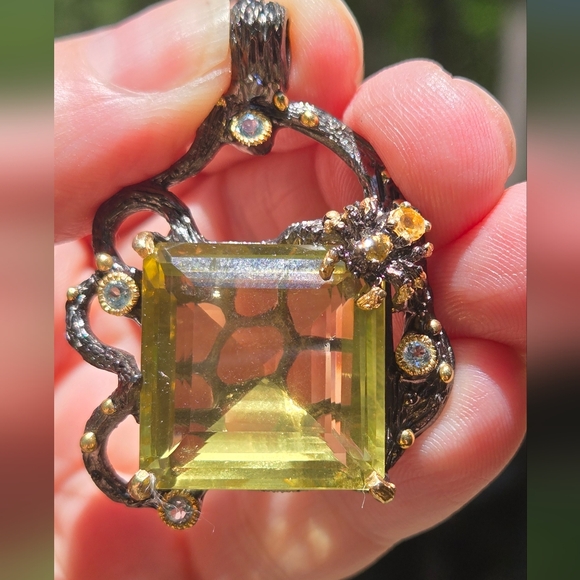 Citrine HUGE 52K & Aquamarine Gemstone Sterling Rhodium & Gold Pendant - Picture 3 of 11